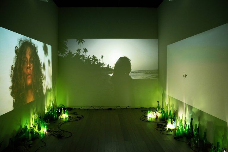 "A three-channel video with sound, titled Alláfuera (or otherwise the United States), takes the narrative of The Little Mermaid by Hans Christian Andersen to tell a story of the migration of one body that moves from coast to coast." - Mónica Félix