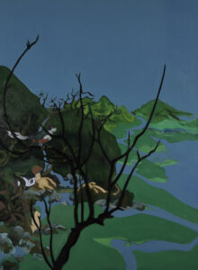 Green landscape with houses on the mountainside. In the foreground there is a dark wood tree. "The tocororo (Cuban trogon) perches on the highest branch of the tree." - Miguel Trelles