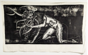Woodcut black-and-white print of a vejigante with a female body crawling on all fours towards the left of the image. The background is black and foggy.