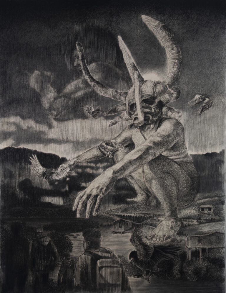 A black-and-white drawing of a macro-sized vejigante squatting near a river as hikers pass by. Large birds fly in the dark sky near houses and sheds.