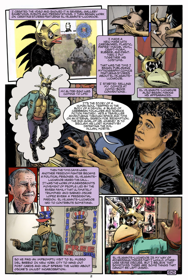 Digital scan of the last page of Miguélàngel Ruiz' El Vejigante Luchador origin story..
