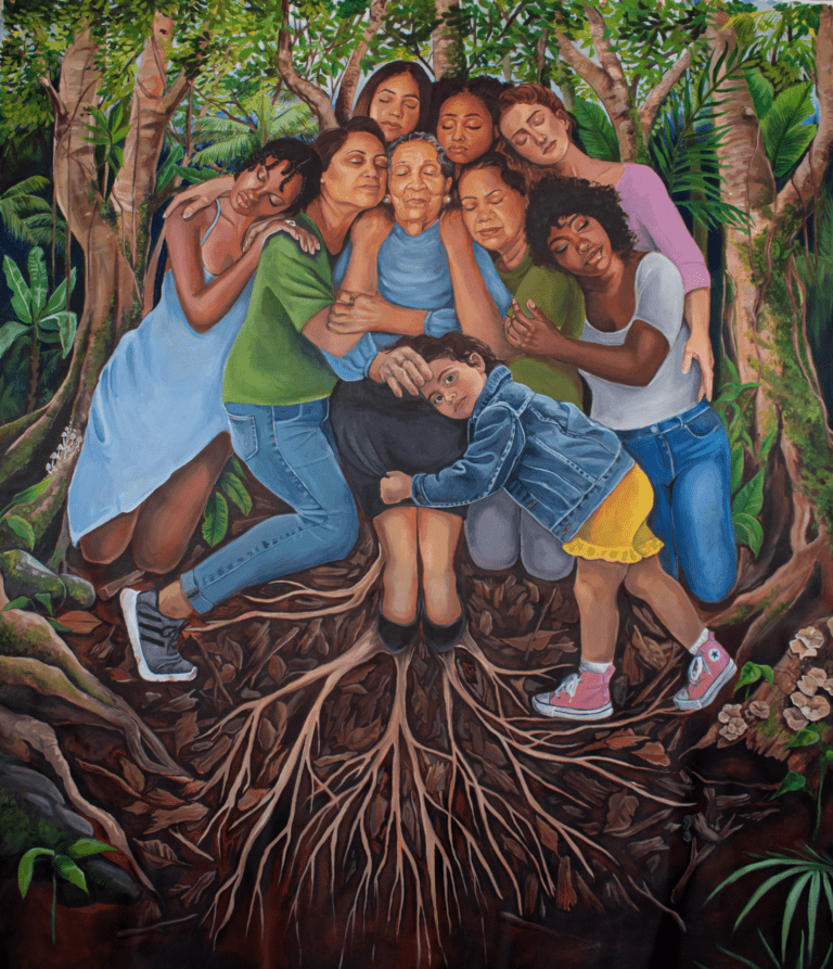 "An elder woman sits at the center of an interwoven sisterhood, embraced by women of different ages and backgrounds. Their bodies connected by embroidered root-like structures... The background, infused with imagery from Puerto Rico’s lush rainforests." -Cha Gutiérrez
