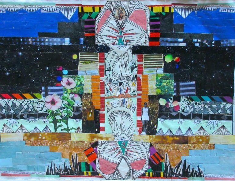 A layered quilted collage of flowers, people, and rainbows.