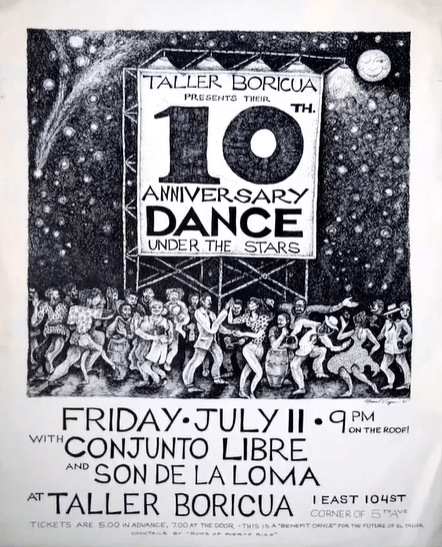 A poster showing people dancing under a starry sky in front of a poster that displays information for the dance.