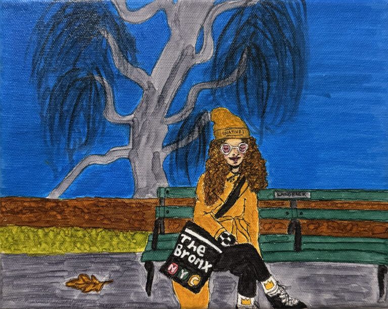 Self portrait by the artist. She sits on a bench in a park, holding a Bronx-themed tote bag.