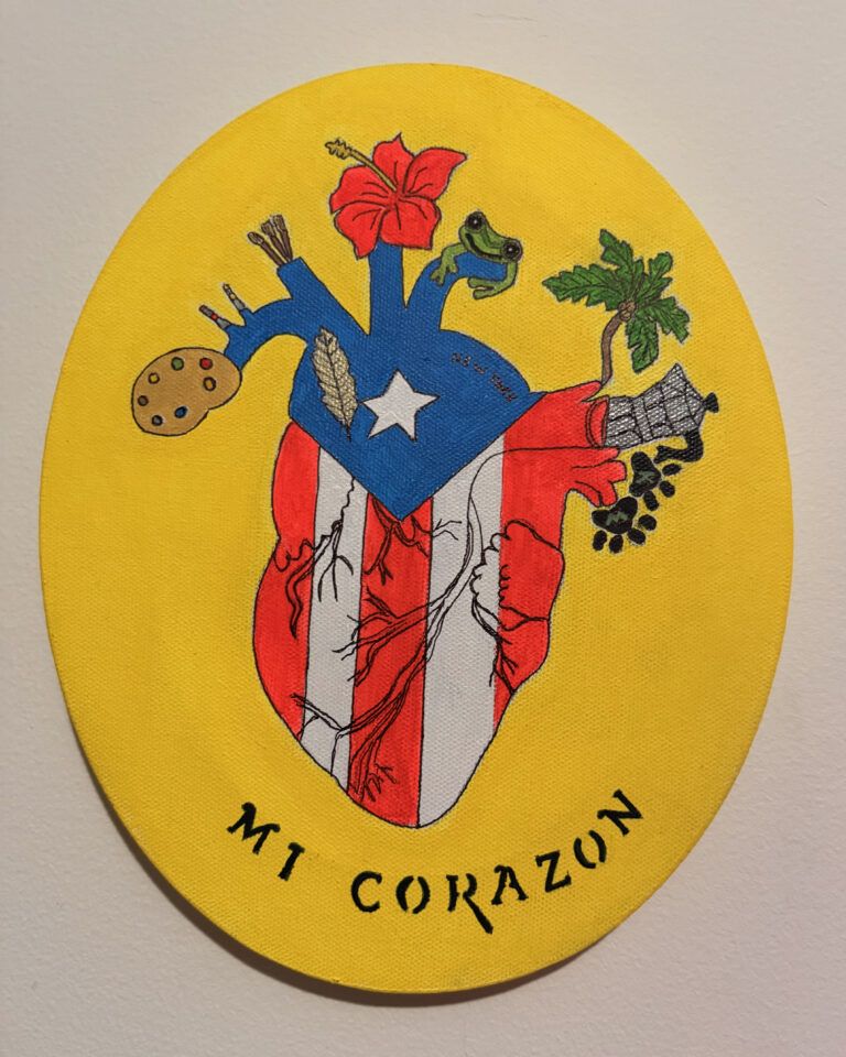 A Puerto Rican themed heart. Text reads "MI CORAZON" on the yellow background.