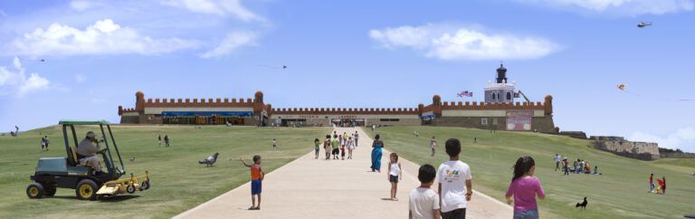 A digitally constructed image replacing El Morro in San Juan with La Municipal liquor store in Chicago’s Humboldt Park.