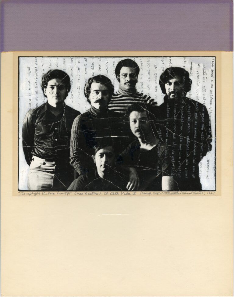 Six men pose together for a photograph. The black and white image of the men is overlayed with monotype text.