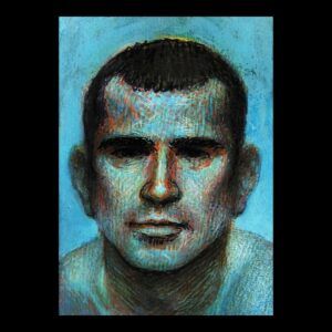 Stylized blue-colored portrait of the artist.