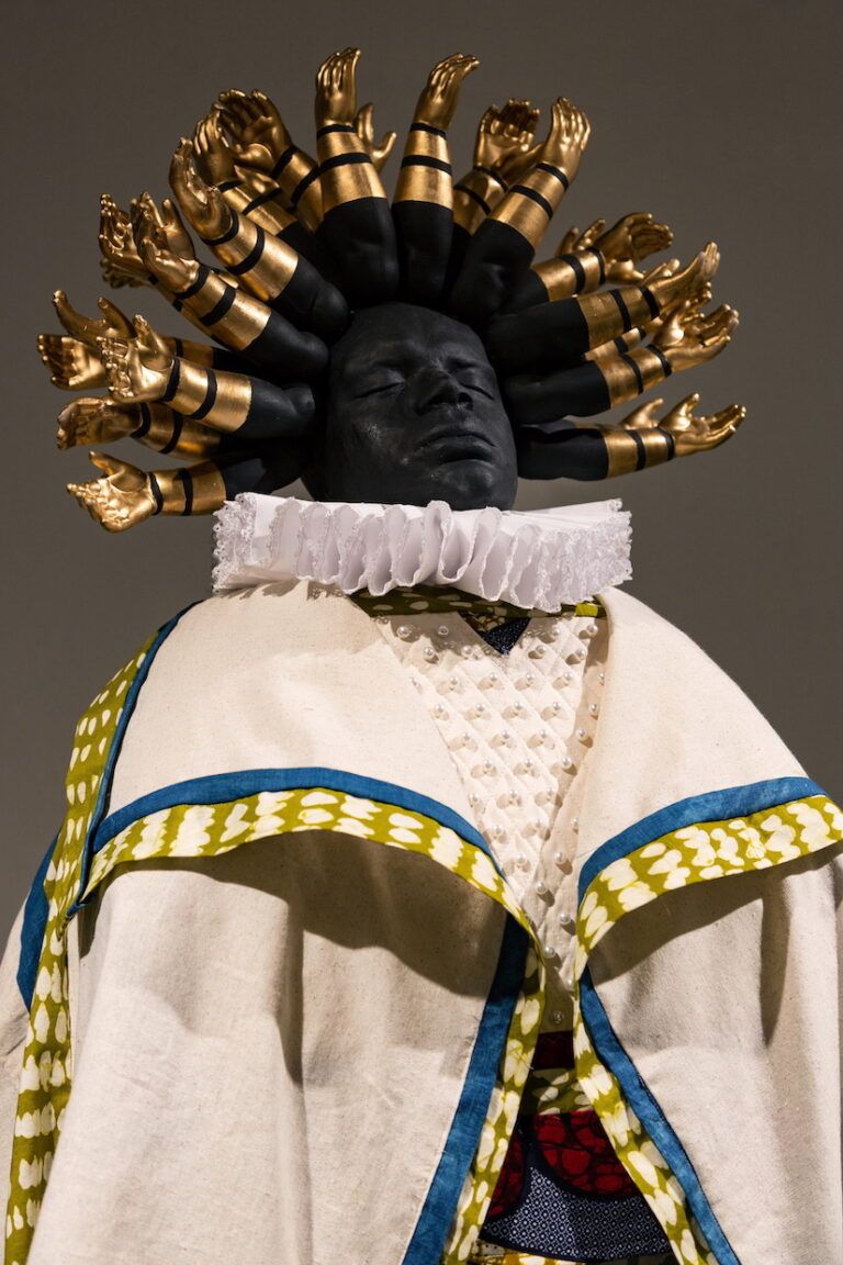 Toussaint is a 7ft tall, hybrid, composite figure named after the Father of the Haitian Revolution, Toussaint L’Ouverture, dressed in coffee stained muslin and linen.