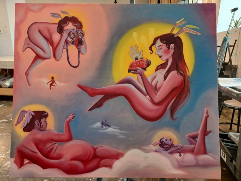 Angelic figures float watching a central figure holding a ladybug toy, sentimental to the artist.