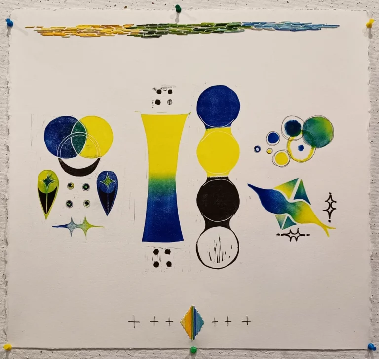 Blue and yellow abstract print. On the top and bottom of the print, there are embroidered details.